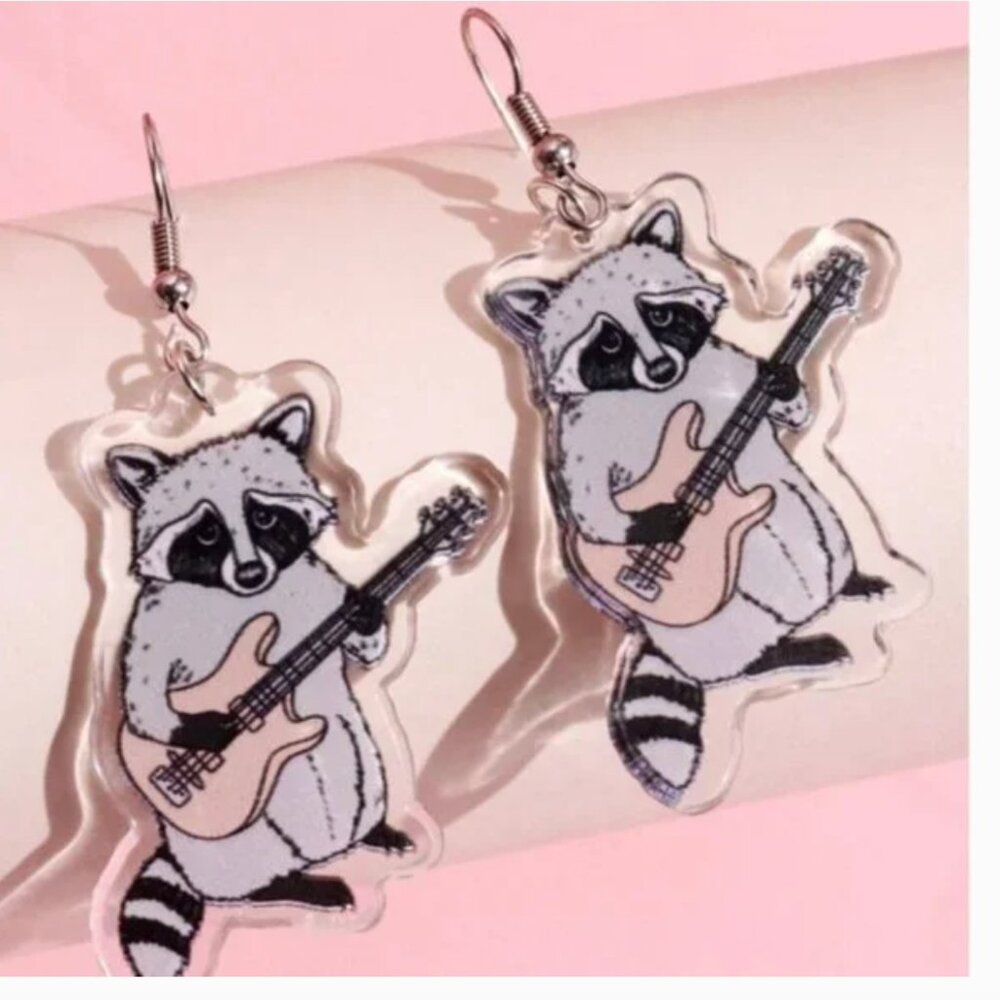 ⭐️❤️ FREE Raccoon Guitar Music Graphic Cartoon Animal Zoo Hipster Chic Earrings